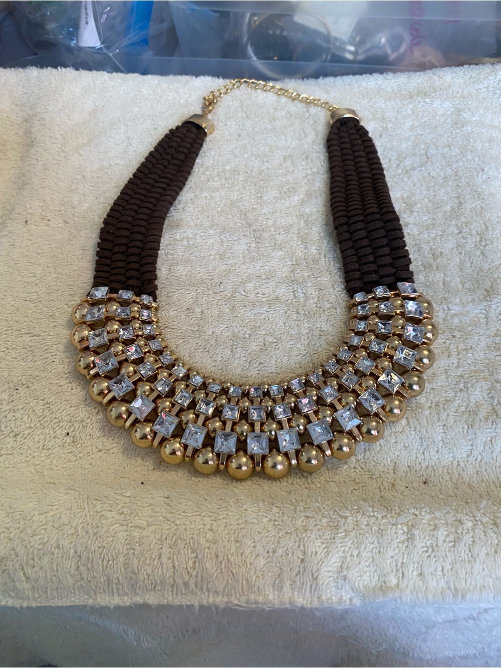 Source Unknown Gold and Brown Crystal Woven Collar Necklace